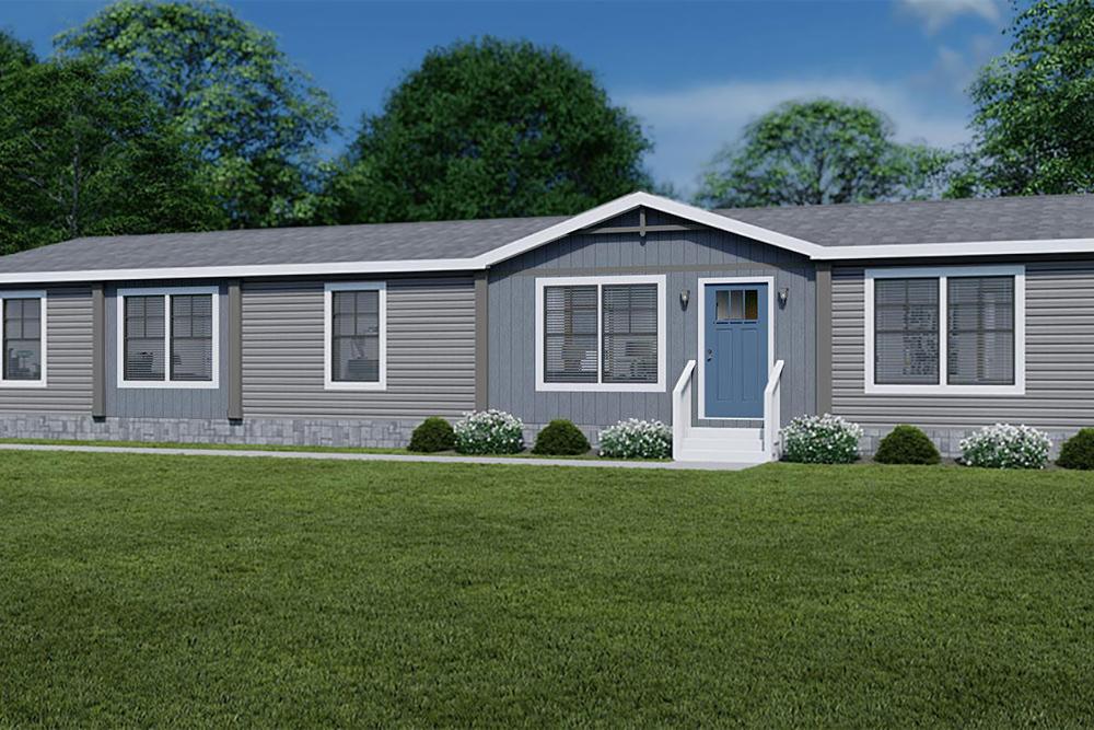 Clayton NXT Model Amelia Mobile Home with Pewter Cast Vinyl Siding and Web Grey Insert with Blue Artisian Door