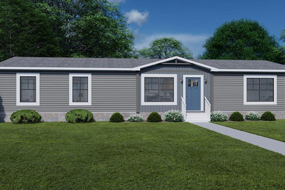 Clayton NXT Model Emilie Mobile Home with Pewter Cast Vinyl Siding and Web Grey Insert with Blue Artisian Door